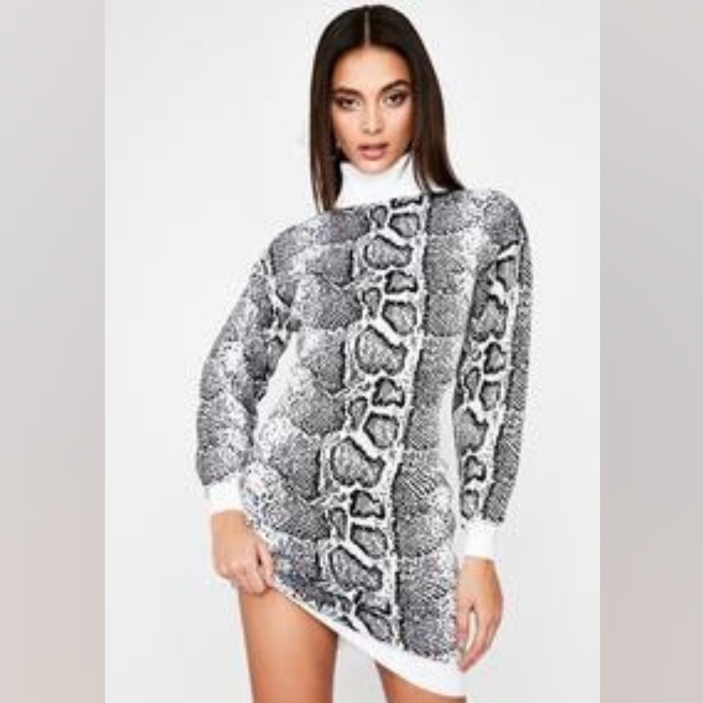 Black and White High Neck Sweater Dress with Snake Print